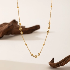 18K gold plated stainless steel necklace with round zircon pendants on minimalist chain