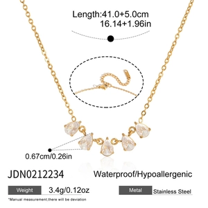 Gold plated stainless steel teardrop zircon necklace with size and weight specs
