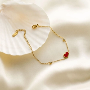 Bracelet En Acier Inoxydable Pendentif Gourde En Émail Rouge Zircone Chaîne Réglable Bijoux Plaqué Or Pour Femme