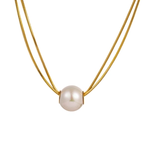 Collier double couche doré chaîne serpent avec grande perle blanche pour femme