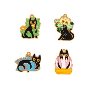 Set of 4 Halloween black cat enamel charms with plant details for DIY jewelry crafting