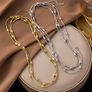 Multi Layered Snake Chain Necklace And Bracelet Stainless Steel Oval Bean Beads Minimalist Jewelry For Women