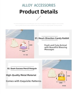 Detailed view of cute cartoon rabbit and penguin alloy charms with measurements.