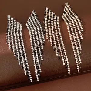 Vintage Tassel Drop Earrings For Women Copper Rhinestone Geometric Rhombus Long Dangle Earrings Party Jewelry Gift