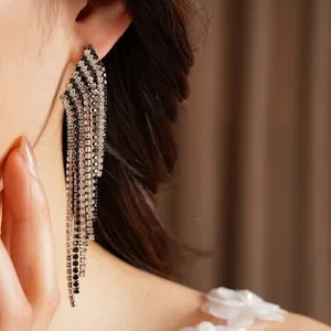Elegant vintage silver needle earrings with long black and white rhinestone tassels