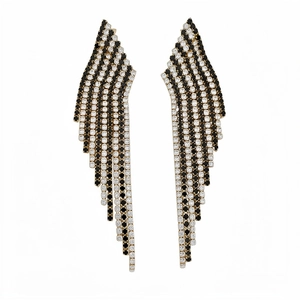 Vintage style silver needle wing earrings featuring black and white rhinestone tassels