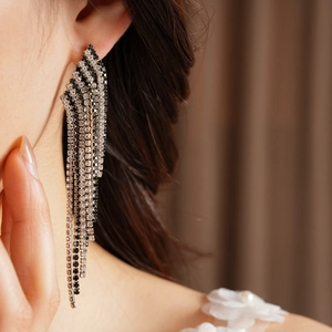 Close-up detail of vintage long tassel earrings with black and white rhinestones