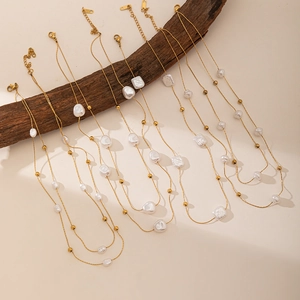Artificial Baroque Pearl Necklace Gold Plated Stainless Steel Minimalist Irregular Shape Layered Clavicle Chain For Women