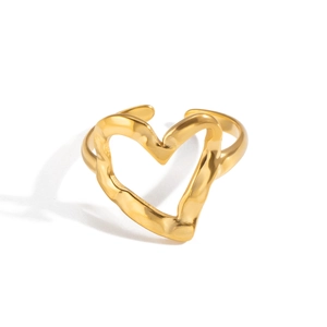 Anello aperto a cuore cavo martellato in acciaio inossidabile placcato oro 18K minimal