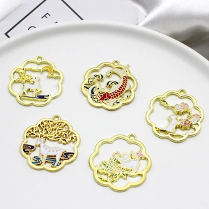 Detail showing various Chinese style enamel charms with koi, deer, and cat designs