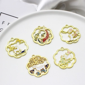 Detailed view showing five alloy enamel pendants with traditional koi and deer designs.