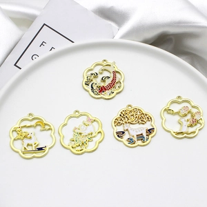 Chinese style gold alloy enamel pendants with koi fish and deer motifs