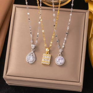 Élégant Collier En Cuivre Avec Pendentif En Zircone Larme Ronde Géométrique Chaîne De Clavicule Pour Femmes Accessoire De Mode