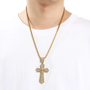 Hip hop style gold double layered cross pendant necklace with full diamond inlay for men