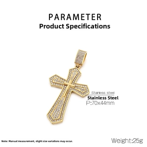 Detailed view of a 70x44mm gold stainless steel double-layer cross pendant with clear zircons