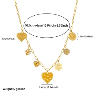Gold stainless steel paperclip chain necklace with cute heart and flower charms