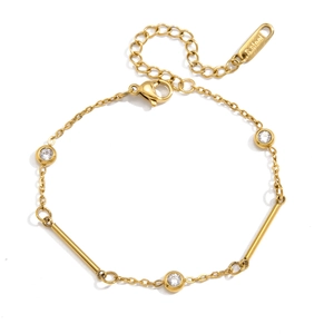 Elegant 316 stainless steel gold bracelet with clear zircon stones on white background