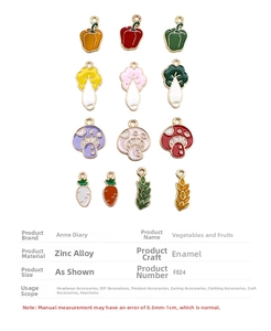 Detailed view of various vegetable and fruit enamel charms for DIY jewelry crafts
