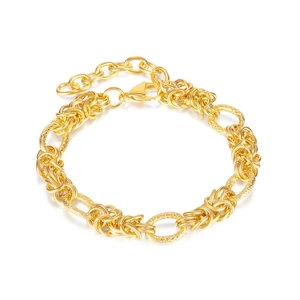 Gold stainless steel intertwined link bracelet featuring frosted and polished rings for women