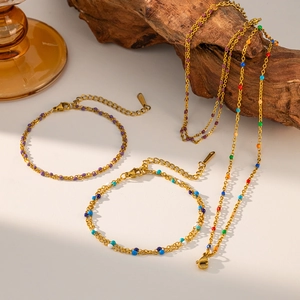Minimalist Stainless Steel Necklace With Colorful Enamel Beads Bohemian Boho Style Jewelry For Women
