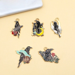 Corbeau Sombre Gothique DIY Alliage Goutte d'Huile Accessoires Bijoux Rose Lune Étoile Plume Solitude Pendentif Breloques pour Collier