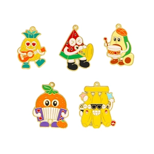 Set of five cartoon fruit enamel charms including pineapple, watermelon, and avocado.