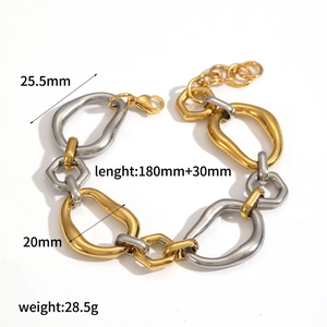 Exaggerated two-tone stainless steel irregular link bracelet with dimensions shown.