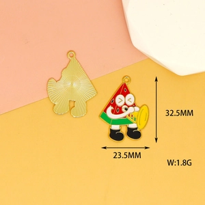Detailed dimensions of a cartoon watermelon enamel charm showing its front and back views