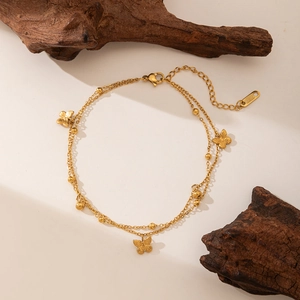 Collier Et Bracelet De Cheville Double Couche Papillon Acier Inoxydable Plaqué Or 18K Pour Femme Bijoux De Mode Élégants