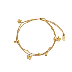 Bracelet de cheville double couche en acier inoxydable doré 18 carats avec papillon