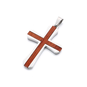 Pendentif croix minimaliste en acier inoxydable avec incrustation en bois de poirier