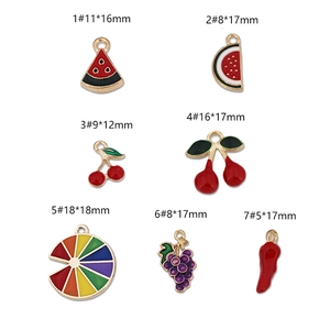Variety of fruit alloy charms with detailed size specifications for DIY jewelry making
