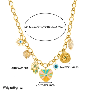 Gold chunky chain necklace with enamel heart and evil eye charms featuring size dimensions
