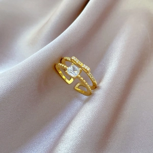 18k gold plated double-layer adjustable ring with square zircon and bow-knot accent