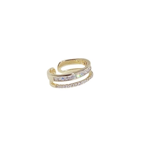 Double-row crystal open ring in gold finish with adjustable band for women