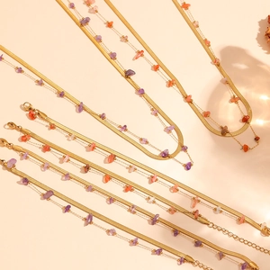 Elegant double layered stainless steel waist chain with purple amethyst and red crystals