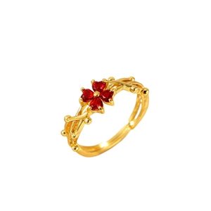 Adjustable 18k gold plated four-leaf clover ring with red heart-shaped zircon stones