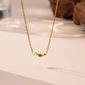 Dolphin Artificial Pearl Necklace Titanium Steel Gold Plated Elegant Animal Pendant Jewelry For Women