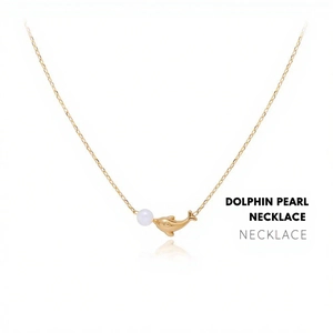 Elegant gold dolphin pearl necklace with a minimalist fine chain on white background
