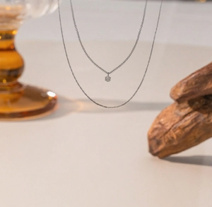 Detail of silver double-layered titanium steel necklace with sparkling zircon pendant