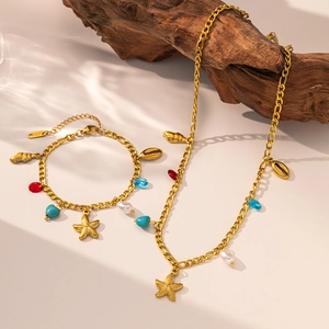 Parure Bijoux Acier Inoxydable Étoile De Mer Coquillage Collier Et Bracelet Style Bohème Nautique Plaqué Or Vacances Plage Femmes