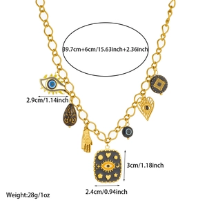 Golden chunky chain necklace set with evil eye, heart and hand charms with measurements