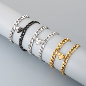 Heart shaped magnetic couple bracelets with NK curb chain in gold silver and black colors