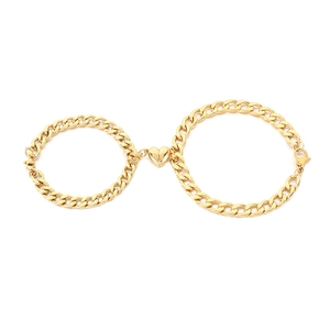 Stylish gold plated magnetic heart couples bracelet set featuring premium NK curb chain