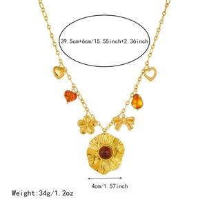 Gold-plated stainless steel necklace with resin heart charms and floral pendants