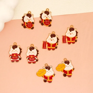Detailed view of cartoon horse enamel charms with festive Chinese New Year designs.