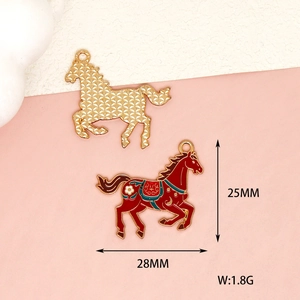Red enamel cartoon horse charm for DIY jewelry, 28mm width with detailed gold finish