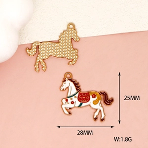 Cartoon horse enamel charm in white and red, zodiac DIY jewelry accessory, 28x25mm