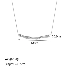 Detailed size specifications for irregular organic bar necklace in minimalist silver