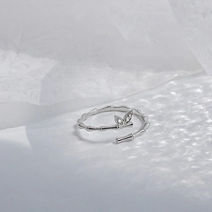 Bamboo leaf micro-pave open ring in silver finish with elegant nature-inspired design